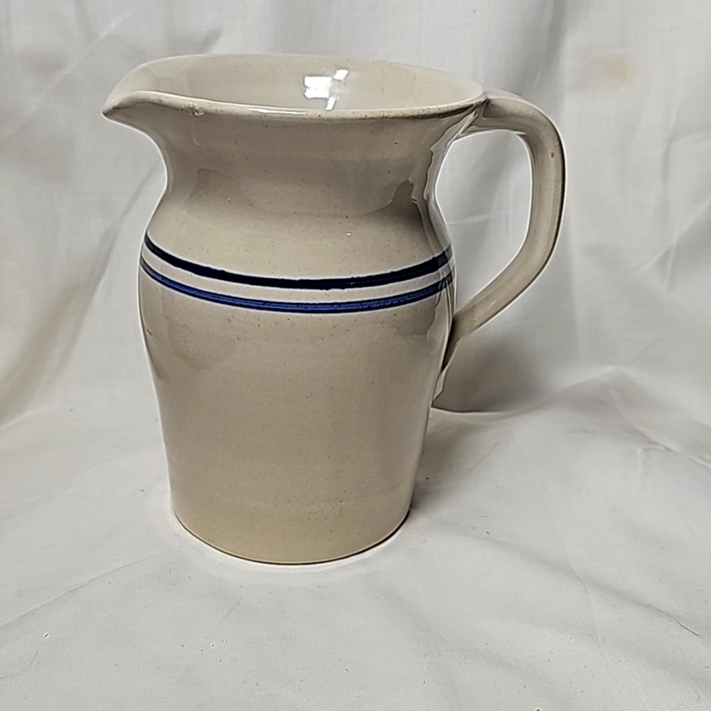 Vintage Stoneware Crock Pottery Pitcher Salt Glazed Double Cobalt Blue Bands